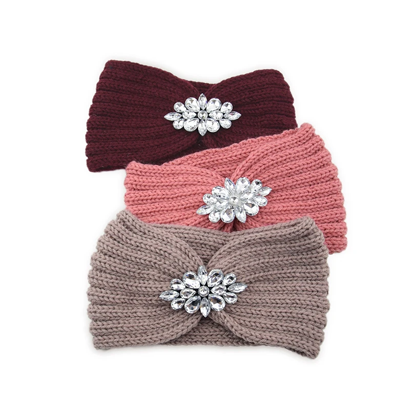 Winter Wide Knitted Headband Women New Clear Crystal Flower Twist Crochet Hair Band Head Wrap Rhinestone Ear Warmer Accessories headbands for women