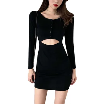 

Women's Long Sleeve Cut Out Waist Dress Solid Color Front Button Down Bodycon Sexy Mini Dress Casual Night Club Wear casual wear