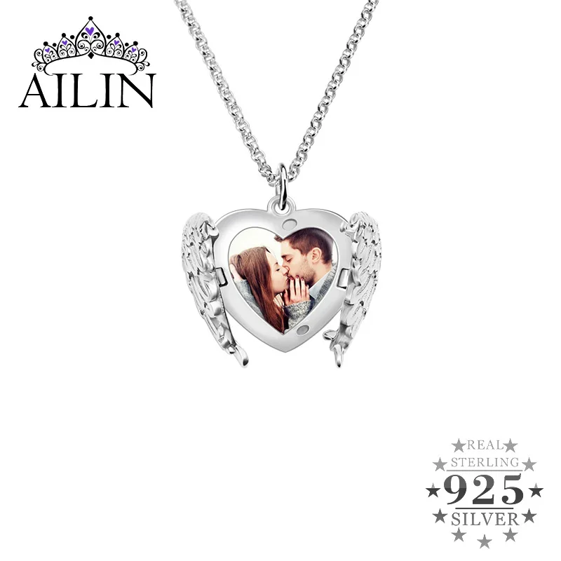 

Ожерелье AILIN из серебра 925 пробы, с крыльями ангела, сердцем, ожерелье с фото, с гравировкой, ювелирные украшения подарки на день матери