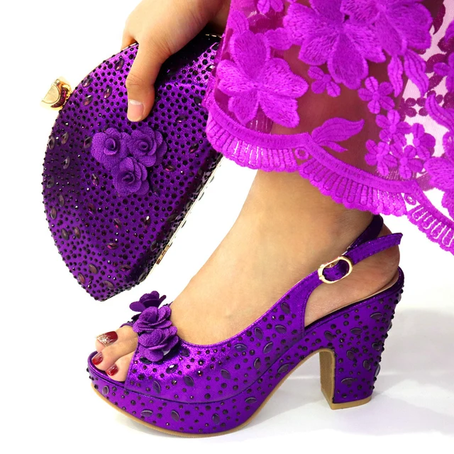 Lastest Italian Design Fashion Style Ladies Shoe with Matching Bag Set 2021 Nigerian Shoes and Bag Set in Purple Color for Party 1