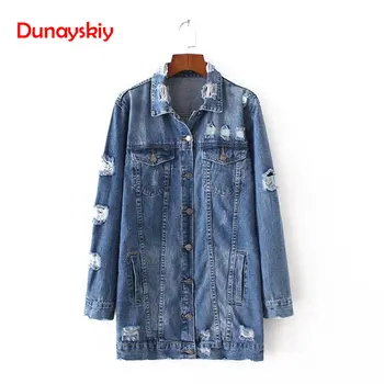 

2020 Hole Denim Jackets Women Boyfriend Style Long Sleeve Vintage Jean Jacket Denim Loose Spring Autumn Long Denim Coat