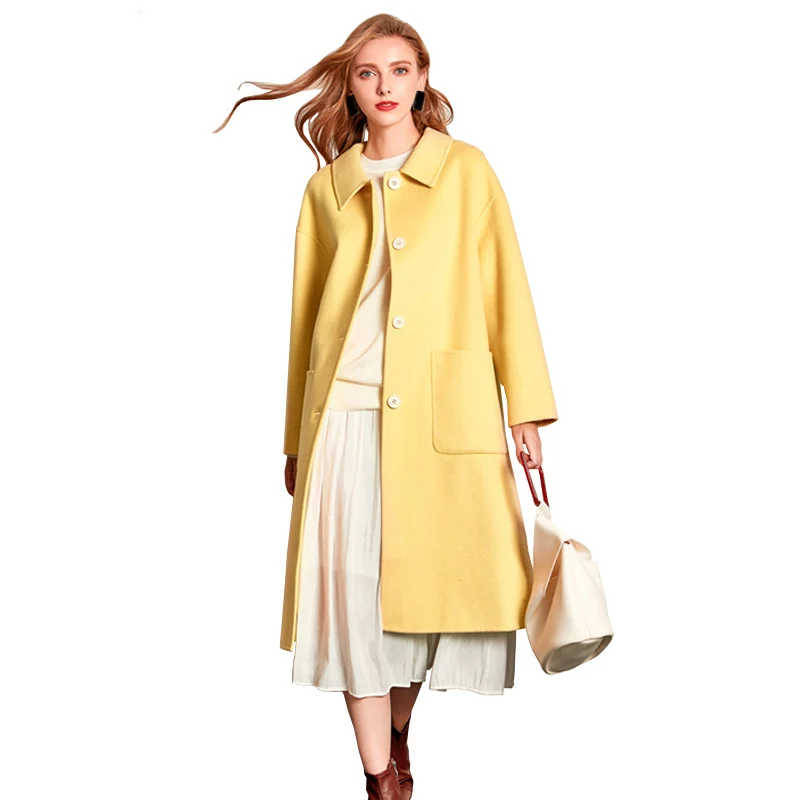 02 Yellow Coat Шерстяное кашемировое длинное пальто женское однобортное с карманами теплая зимняя верхняя одежда двустороннее высококачественное зеленое шерстяное пальто из альпаки - Цвет: 02 Yellow Coat