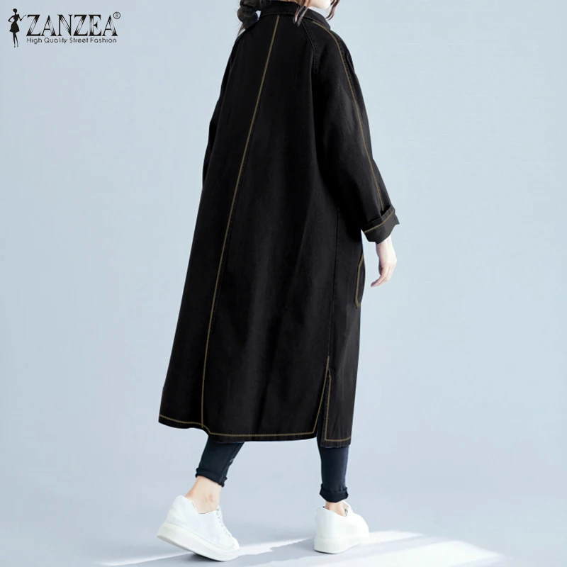 Модное зимнее женское джинсовое синее пальто, длинные куртки, ZANZEA, женские пальто с карманами, с отворотом на шее, для женщин, Chaqueta размера плюс 5XL