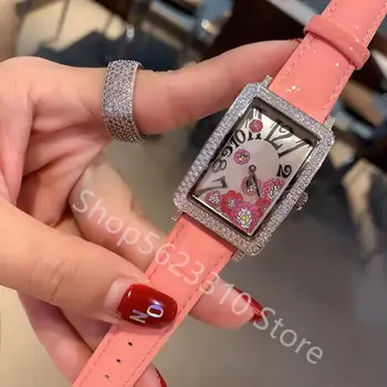 

Romantic crystal flower Rectangle Dial watches zircon Quartz Watch Female Geometric rectangular WristWatch Genuine Leather clock
