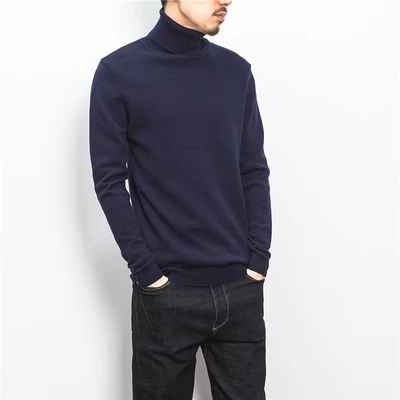 Мужской свитер с высоким воротом, новинка, однотонный облегающий пуловер, повседневный мужской свитер с высоким воротом,, Мужская водолазка, s Pull Homme, белый цвет - Цвет: navy blue