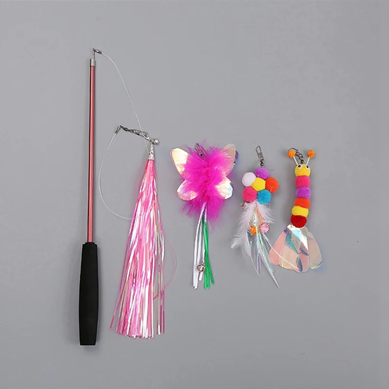 Funny Pet Teaser Cat Wand Toy Set With Butterfly Feather Bell Replacements 3 Sections Retractable Rod Pet Toy