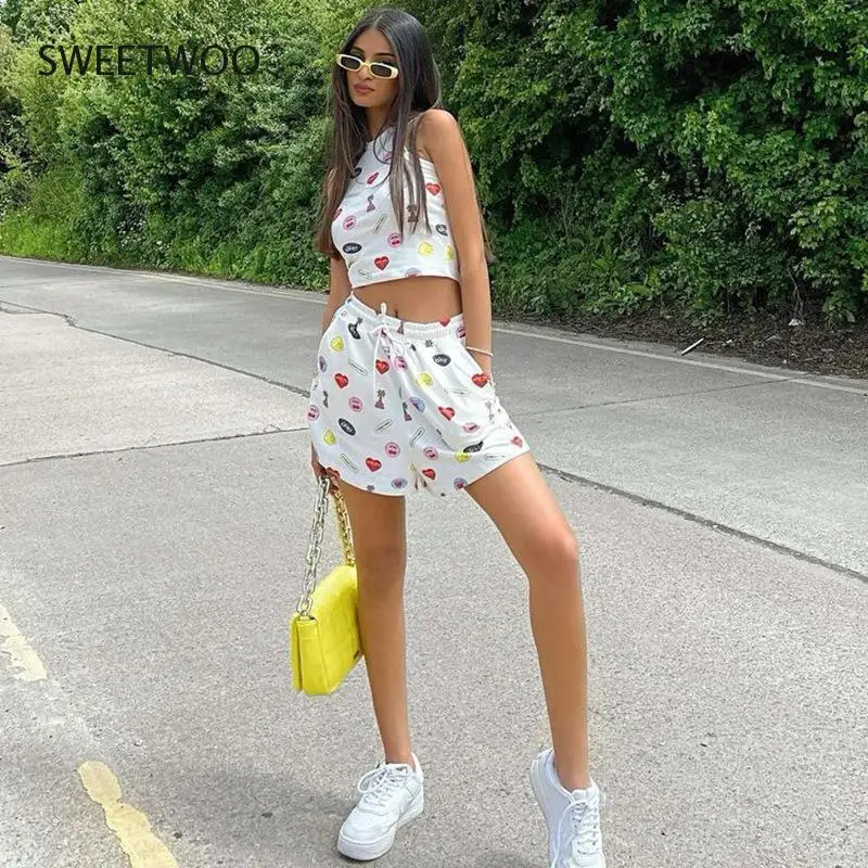 2021 Summer New Two-Piece Casual Sleeveless Round Neck Umbilical Tie Cartoon Print Shorts Casual Suit Women