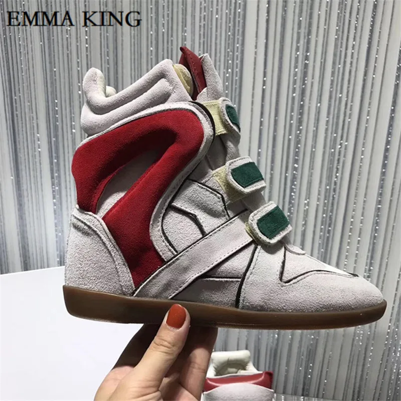 Autumn and winter Newest Fashion Designer Women Hook Loop Sneakers 8cm Invisible Inside Heighten Women Leather Ankle Boots