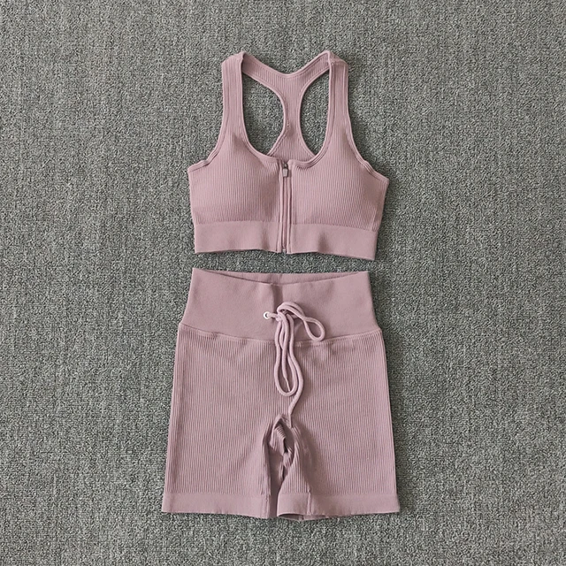 Seamless Women Yoga Set Workout Sportswear Gym Clothing Zipper Long Sleeve High Waist Leggings Fitness Bra Athletic Sports Suits BraShortsPink