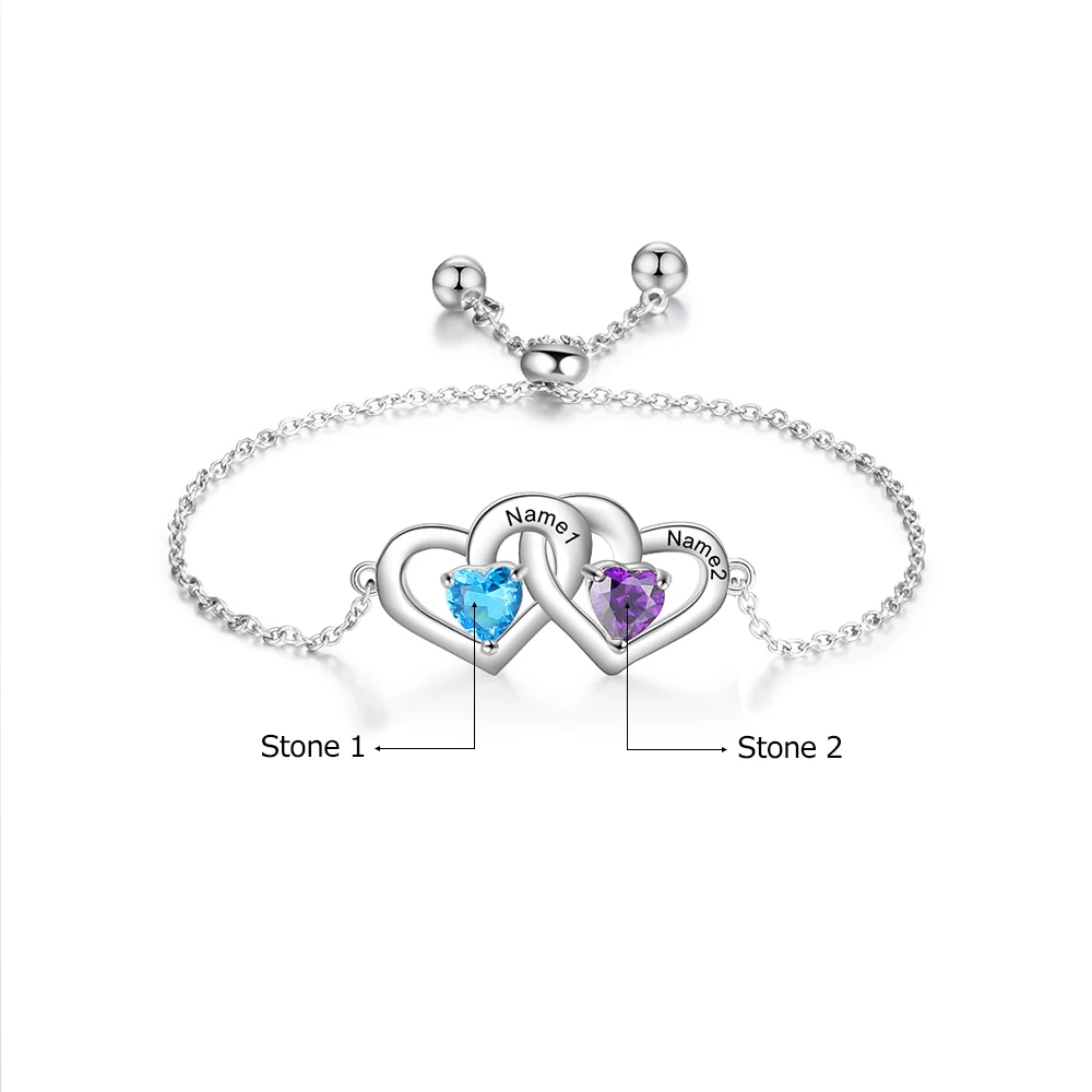 Customized 2 Names Adjustable Couple Bracelet Personalized Heart Birthstone Engraved Bracelet for Women (JewelOra BA102580) - Image 6