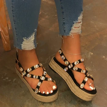 

Women Flat Platform Sandals Female Bling Crystal Rome Ladies Rhinestone Flats Woman Casual Shoes Women's Summer Plus Size 43