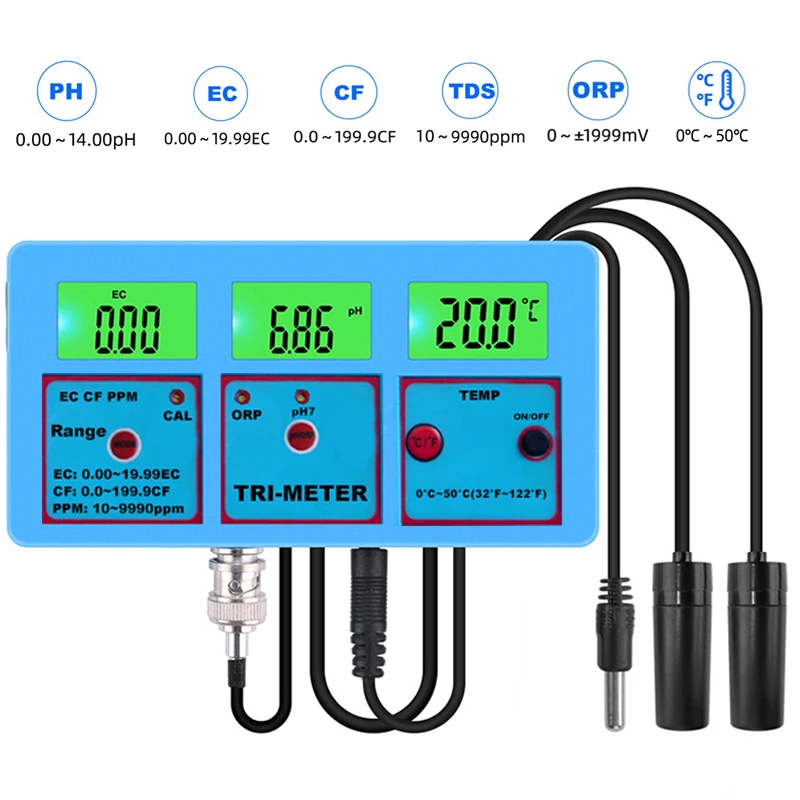 

6 in 1 PH EC CF ORP TDS Temperature Meter Monitor Aquarium Hydroponics Water Quality Tester Acidimeter Electric Conductivity PPM