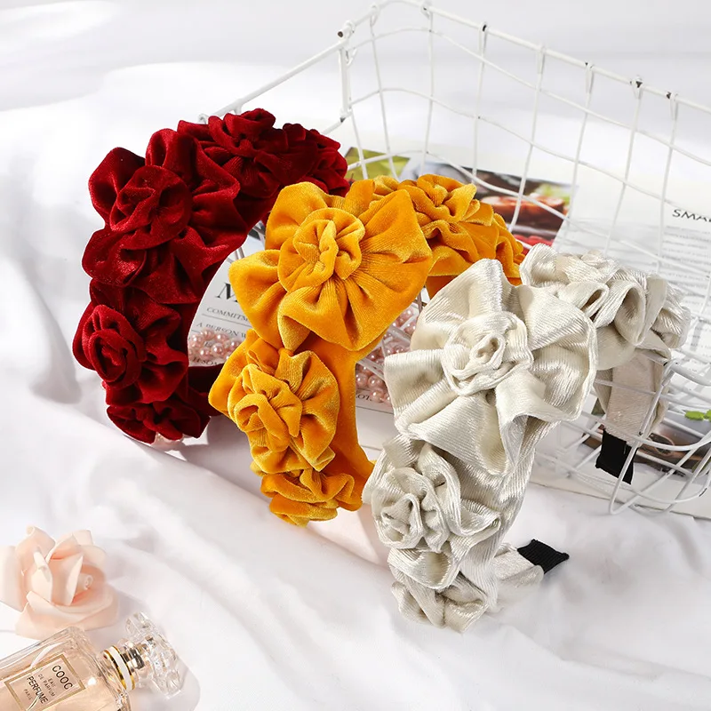 Новые бархатные цветочный ободок с розами для Для женщин однотонные Цвет модный Европейский стиль, повязка на голову, повязка на голову ободок для волос аксессуары