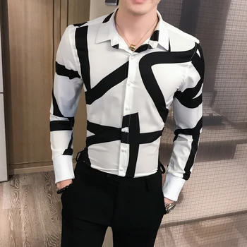 

2020 Hot Sale High Quality New Men's Casual Shirt Slim Men Camisa Homem Red Fashion Print Striped Long Sleeve Slim Shirt Men