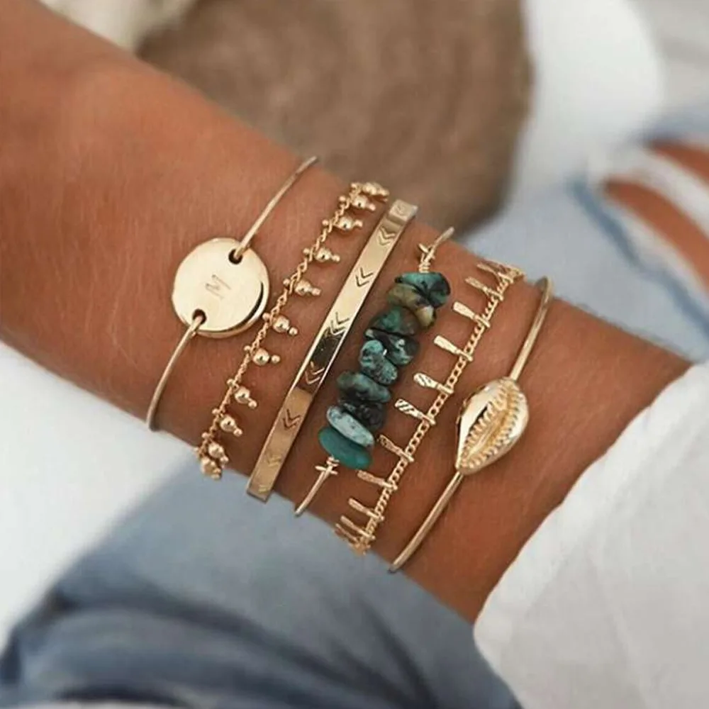 

4-6 Pieces/set Fashion Bohemian Golden Star Moon Letter Geometric Crystal Multi-layer Charm Bracelet Set For Women Wholesale