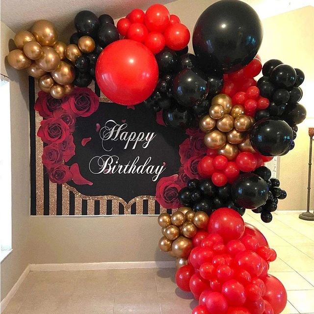 Balloon garland birthday  Black and gold party decorations, Red party  decorations, Red birthday party