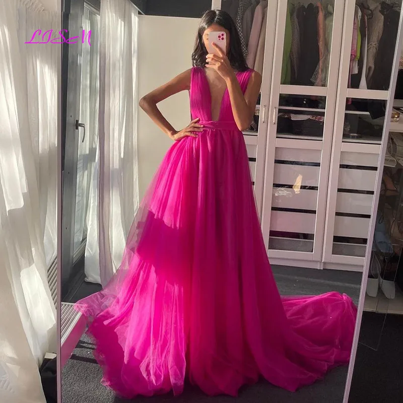 

Fuchsia Deep V-Neck Prom Dresses with Bow Sexy Backless Long Evening Dress 2021 A-Line Tulle Formal Wedding Party Gowns