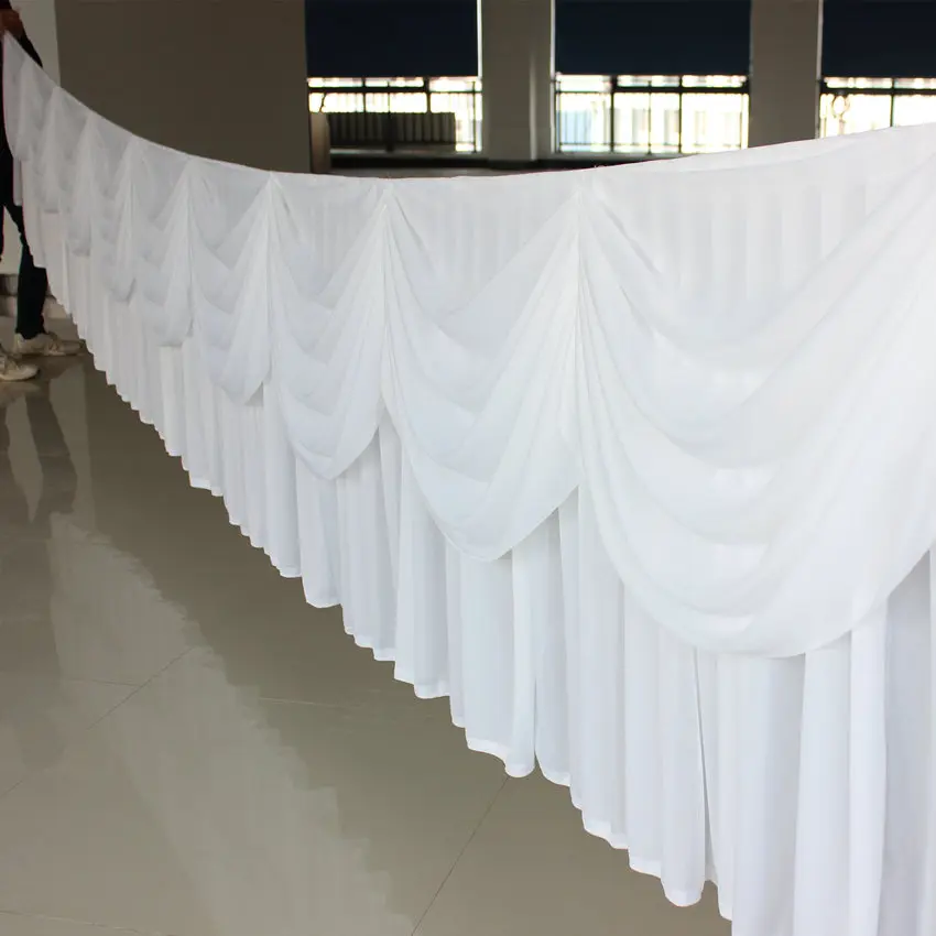 20ft Length (6M) Gold Table Skirts Ice Silk Solid Table Skirt Beautiful Swag with Tassel Cloth Wedding Decoration