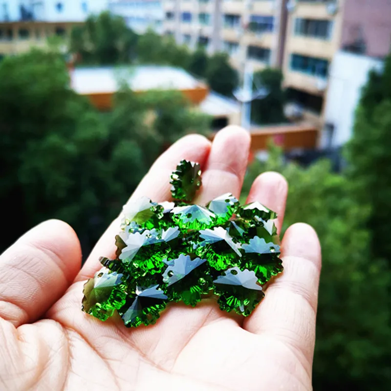 New Arrival 50pcs Green 14mm K9 Crystal Snow Shape Chandelier Beads(Free Rings) in Two holes Crystal Glass Curtain Accessories