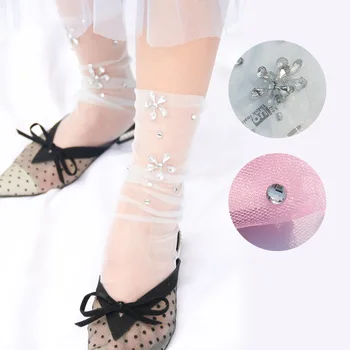 

Summer Ultra thin Cool Lace Socks for Women Japanese Breathable Pain Color Transparent Mesh Streetwear Rhinestone Flower Socks