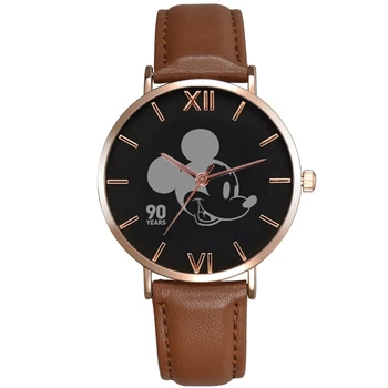 New Style Mouse 90th Anniversary Gift Women Quartz Wristwatches Brown Leather Watchbands Fashion Cartoon Timer