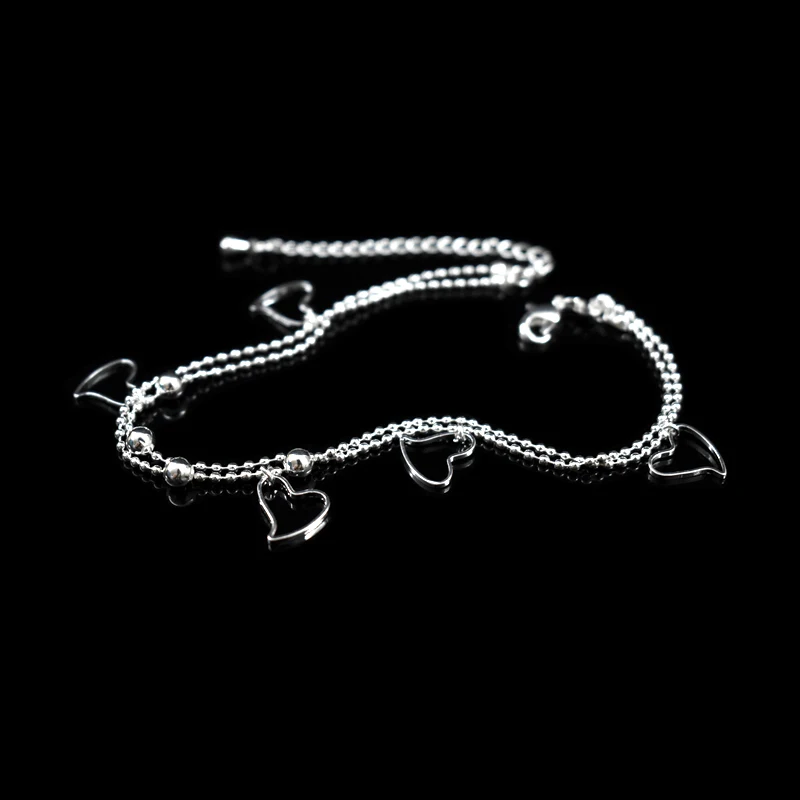 Silver Anklets 925 Sterling Heart Pendant Double Layer Small Bead Star Charm Beach Foot Chain Bracelet