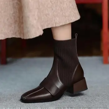 baratas Senhoras Botas De Couro De Vaca Ao Ar Livre Outono E Inverno Meados De Comprimento Botas De Salto Médio Moda Botas Mujer Tornozelo Punk Goth 2020