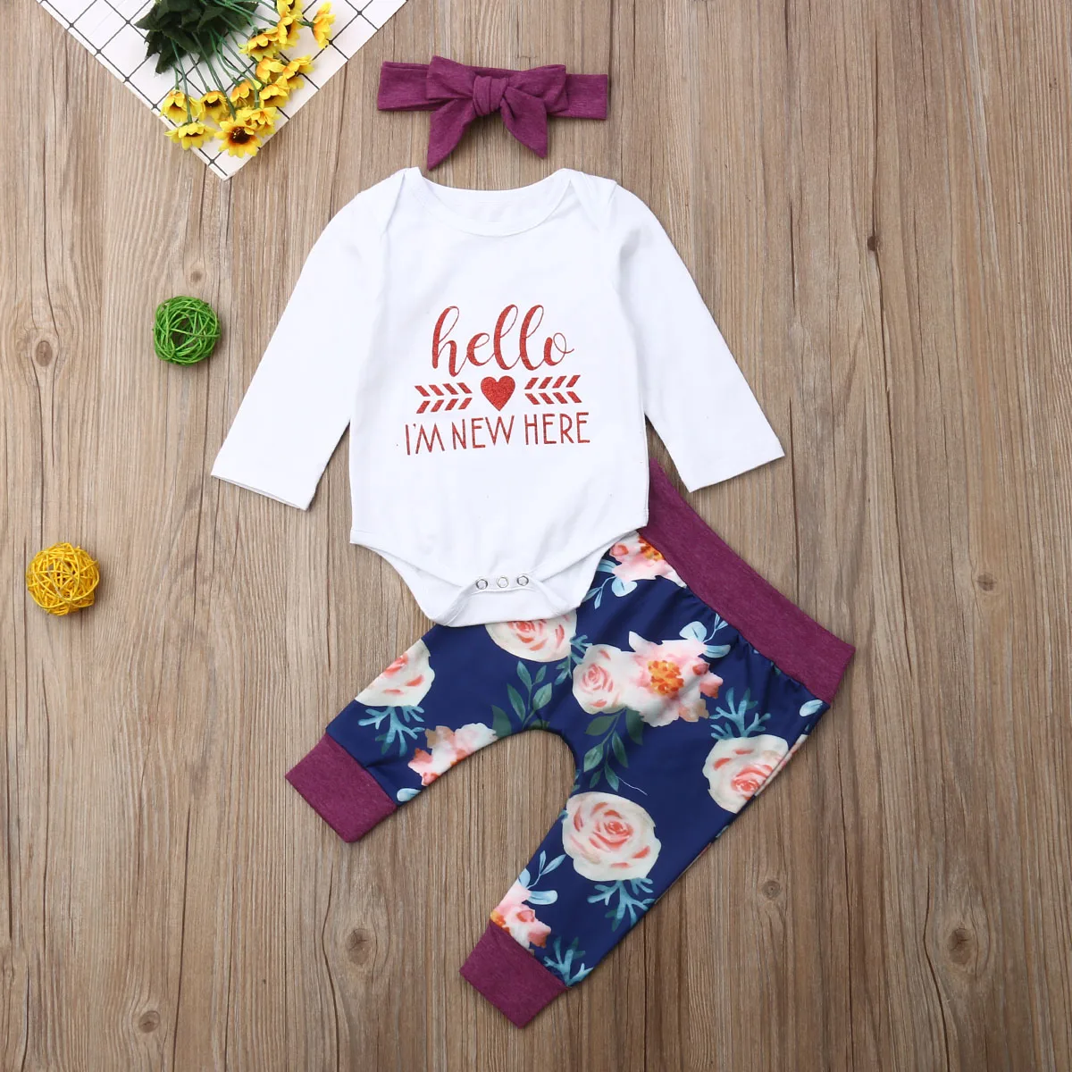 

Pudcoco Newest Newborn Baby Girl Clothes Cotton Letter Romper Tops Flower Print Long Pants Headband 3Pcs Outfits Clothes