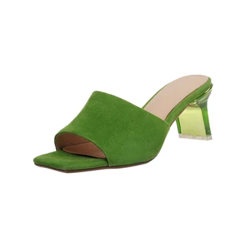 

Retro suede Leather high Heels Slipper Shoes Women Fashion Sexy Summer Shoes Woman green yellow Black Open Toe Flop Flips