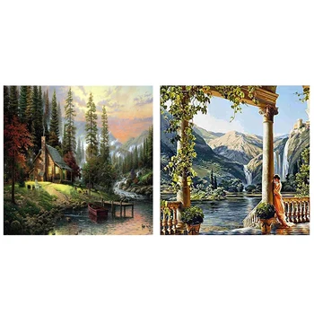 

2 set Numbers Oil Paintings Home Decoration Canvas - Elegant House with beautiful scenery & Garden Goddess