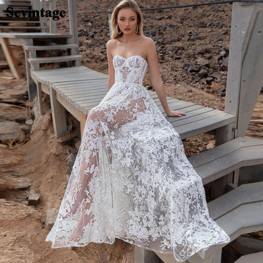 

Sevintage Boho Wedding Dresses Sexy Illusion Lace Appliques 3D Flowers Sleeveless Wedding Gown Sweetheart Bridal Dress