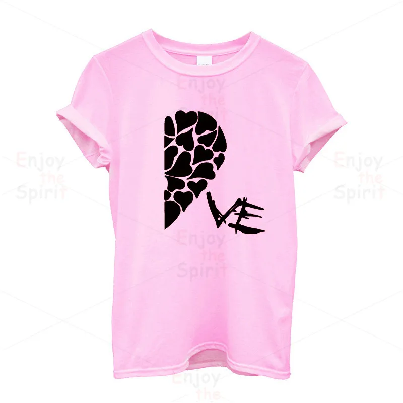 P915WPink EnjoytheSpirit, новинка, летние забавные парные футболки, наполовину красное сердце, любовь, печать, хлопок, круглый вырез, футболки, крутая, короткий рукав, парная одежда - Цвет: P915WPink