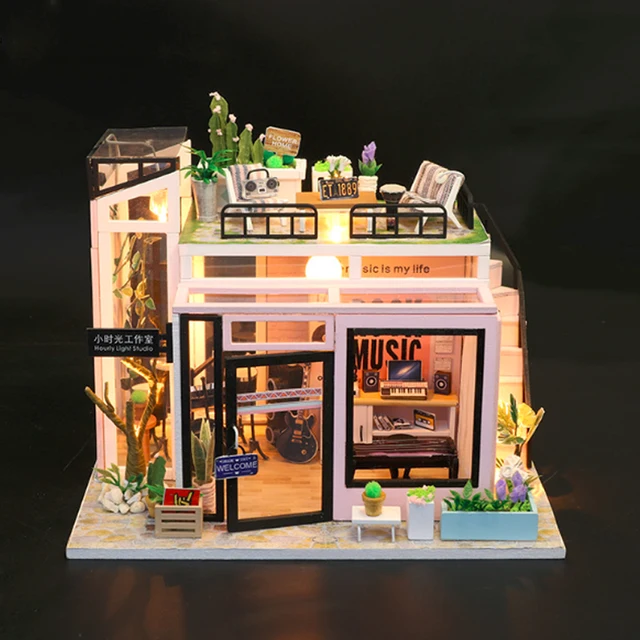 Creative DIY Children Adult Miniature Doll house Wooden Kits Assembled building blocks Music Studio home furnishing toys 2