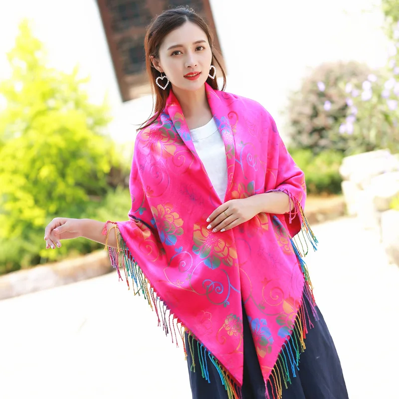 

New Style Winter Faux Cashmere Thick Tassels Bandana Yunnan Lijiang Ethnic-Style Shawl Dual Purpose Autumn And Winter