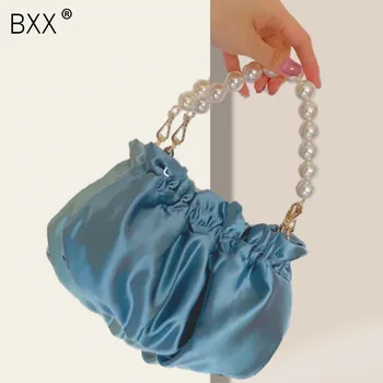 

[BXX] Satin Pleated Crossbody Bags For Women 2020 Pearl Chain Female Shoulder Party Handbags Purses Travel Cross Body Bag HM008