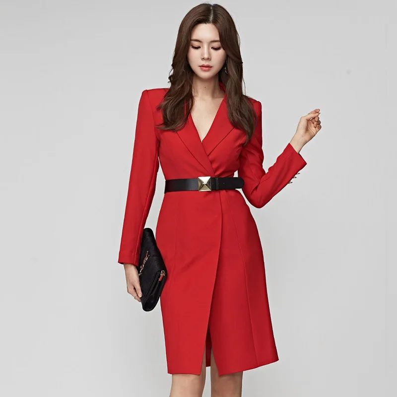 

Solid Color Belted Suits Pencil Dress Women 2019 Autumn Winter Notched Neck OL Dresses Business Office Wear Vestidos
