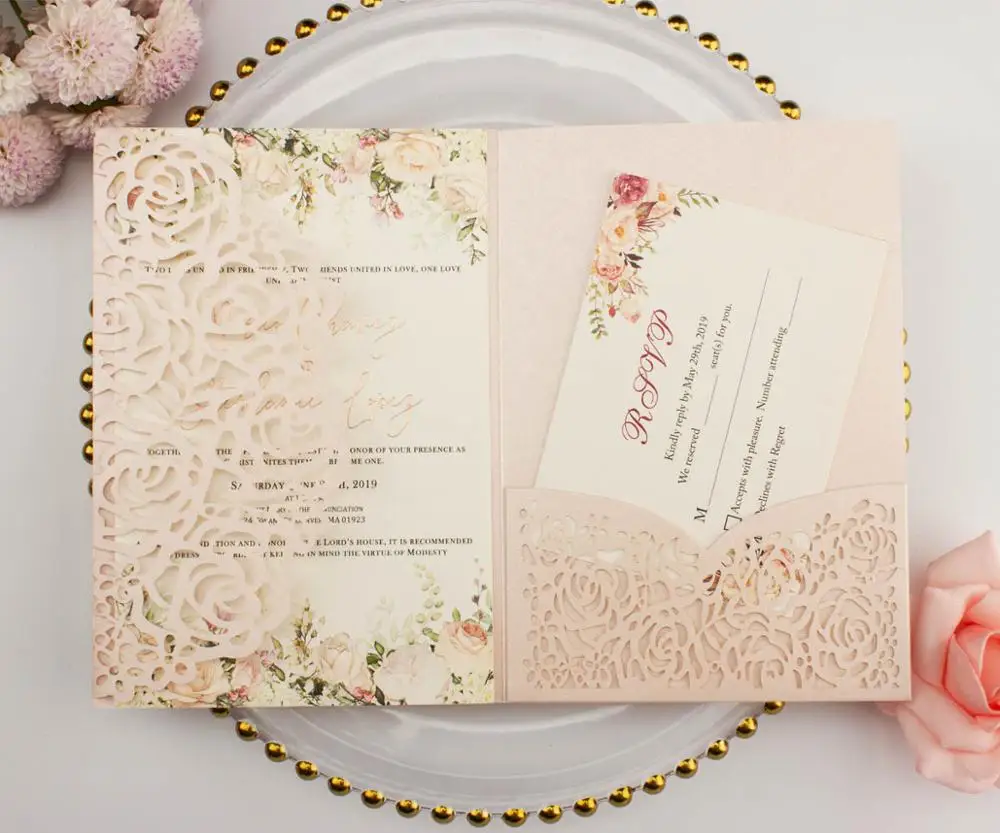 light pink 50 шт., жемчужные темно-синие свадебные пригласительные открытки в карман, три раза, карман, лазерная резка, роза, пригласительные, вечерние чехлы - Цвет: light pink