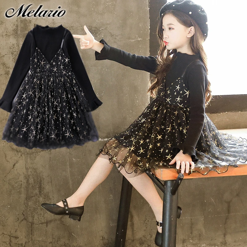 Melario/детское кружевное платье с длинными рукавами для девочек, нарядное платье балетная пачка с принтом звезды, платья детские Повседневные вязаные платья для подростков