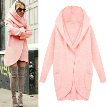 

Long Casual Women Coat Loose With Pockets Warm Hooded Autumn Winter Pullover Artificial Wool Soft Elegant Outwear Solid