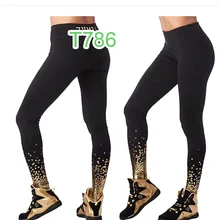 ADIBAO Womens trousers sports running capri tight clothes capri dance wear yago legginggs bottom gold printing P786