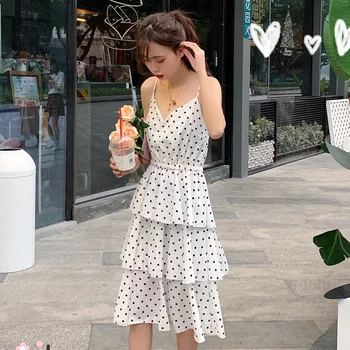 

2020 Summer New Style Korean-style Polka Dot Long Skirts Strapped Dress Women's Mid-length Slimming Cake Dress Dress