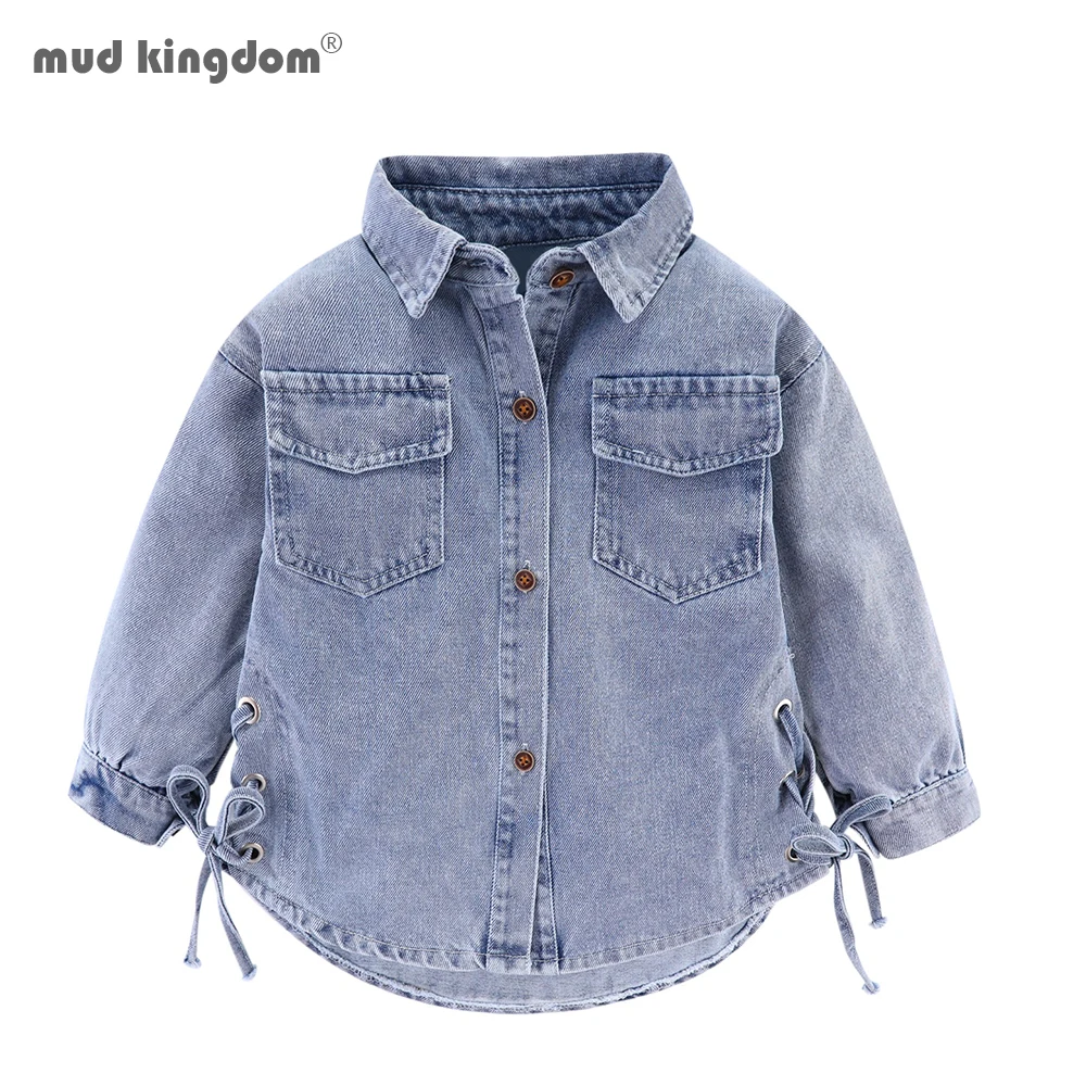 Mudkingdom Girls Jeans Jackets Solid Turn-down Collar Belt Drawstring Denim Jacket Kids Long Sleeve Button Casual Tops Clothes | Детская