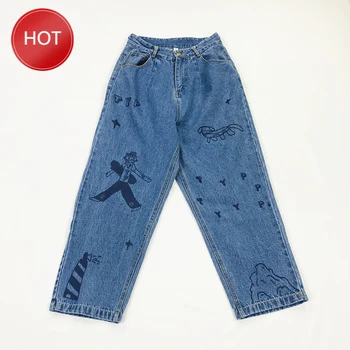 

Printing Cartoon Mermaid Jeans Loose Women's Trousers Casual Cotton Girls Wide Leg Pants Lovers Bottoms New Summer Fashion