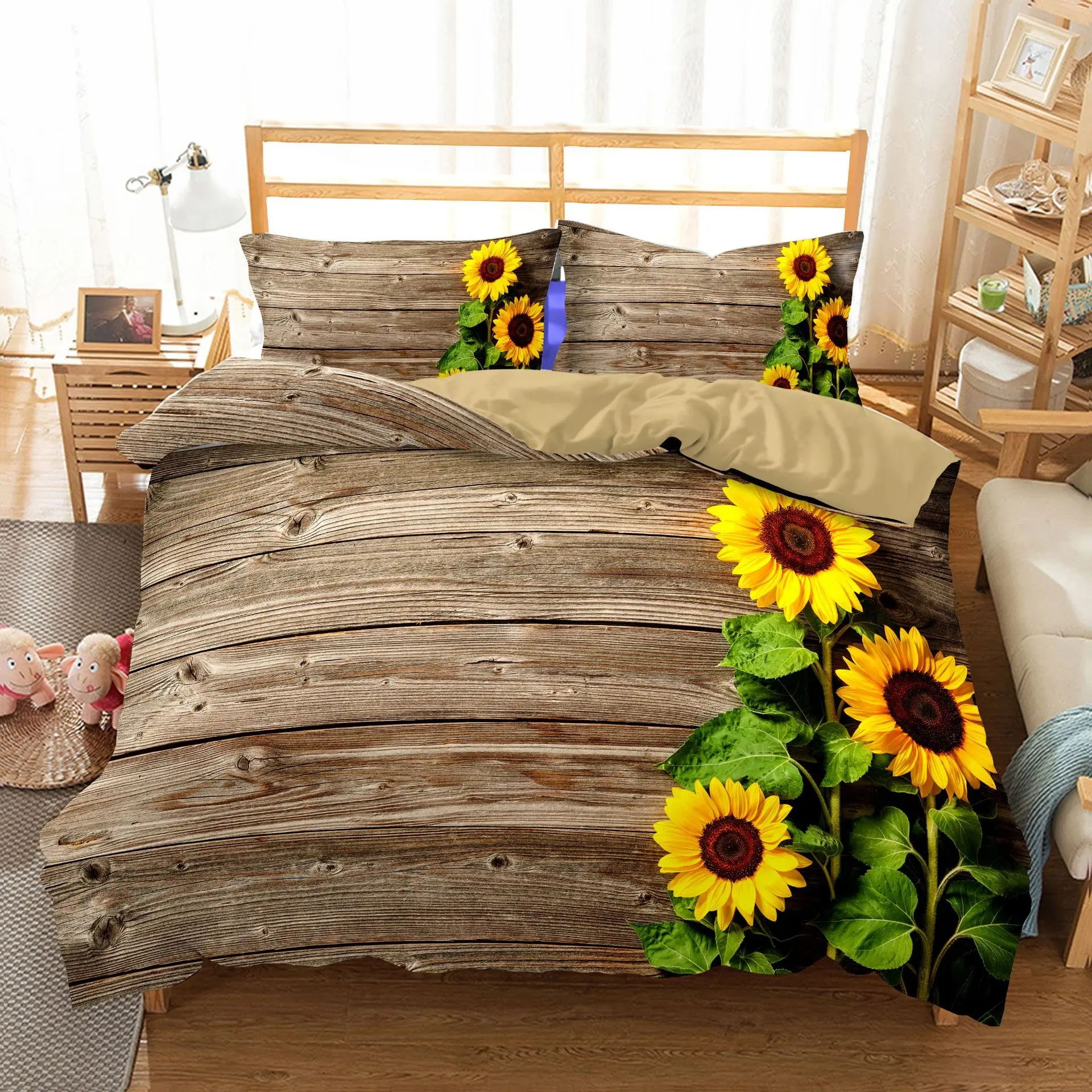 

3D Wood Sunflower Digital Printing Pattern Bedding Sets Comforter Cover with Pillowcase 2/3 Pcs 11 Size