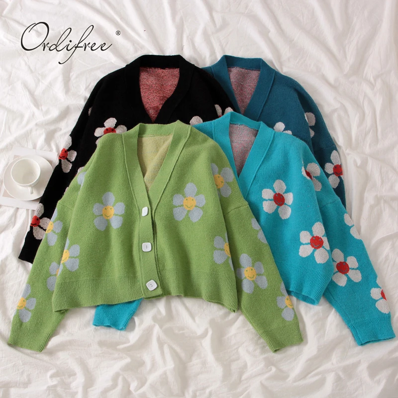 Ordifree Autumn Winter Women Knitted Cardigan Floral Print Vintage Cute Ladies Christmas Sweater Cardigan Jumper Pull