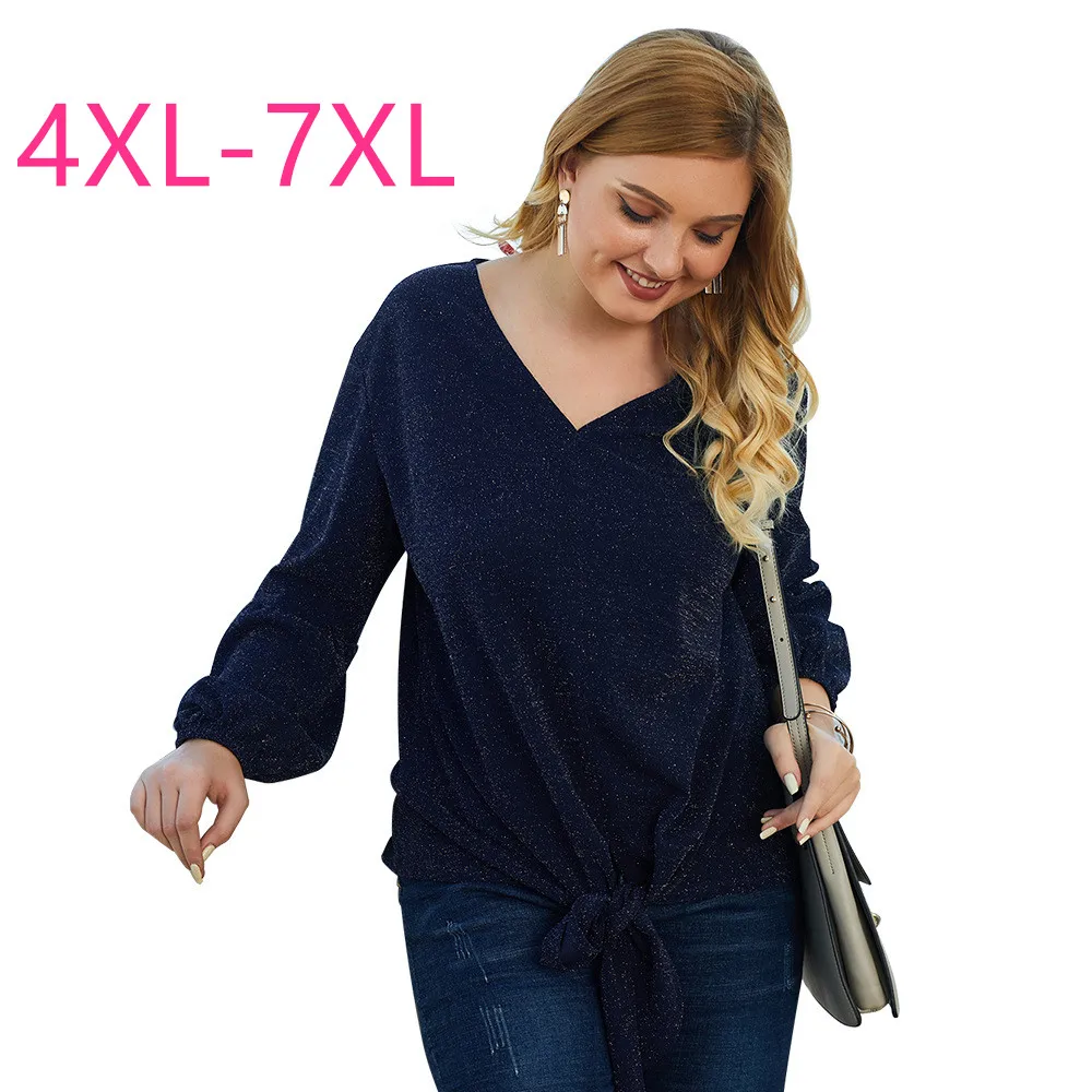 2021 new spring autumn plus size tops for women large long sleeve casual loose knitting V neck T-shirt dark blue 4XL 5XL 6XL 7XL | Женская