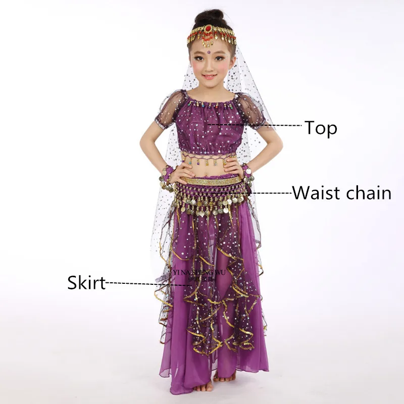 Purple 3pcs Стиль, Детский костюм для танца живота, костюмы для восточных танцев для девочек, одежда для танца живота, костюмы для индийских танцев, 6 шт. для детей - Цвет: Purple 3pcs