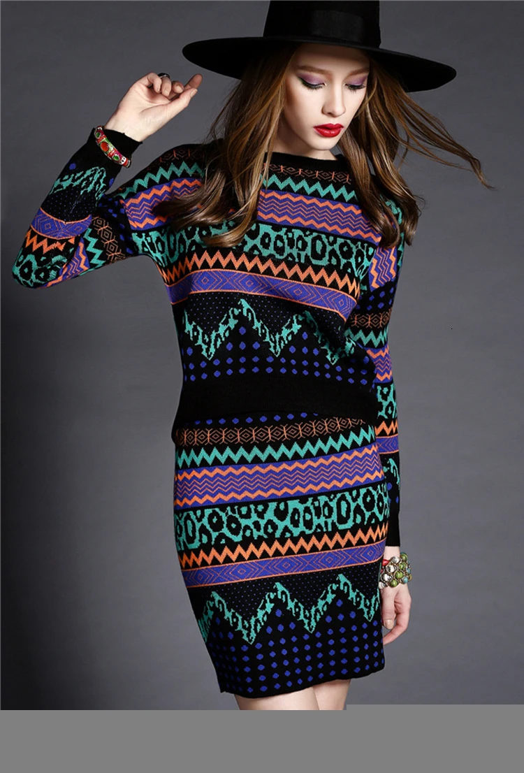 Autumn Winter New Striped Print Knit Sets Women New Fashion Sweater Tops And Bodycon Pencil Mini Skirt Suits Two Piece Set