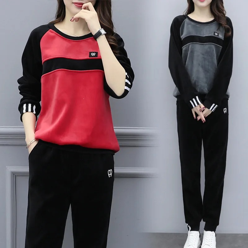 

2019 Large Size Dress Gold Velvet Set Fat Mm Autumn & Winter Thick Double-sided with Velvet Casual Two-Piece Set Sports Clothing