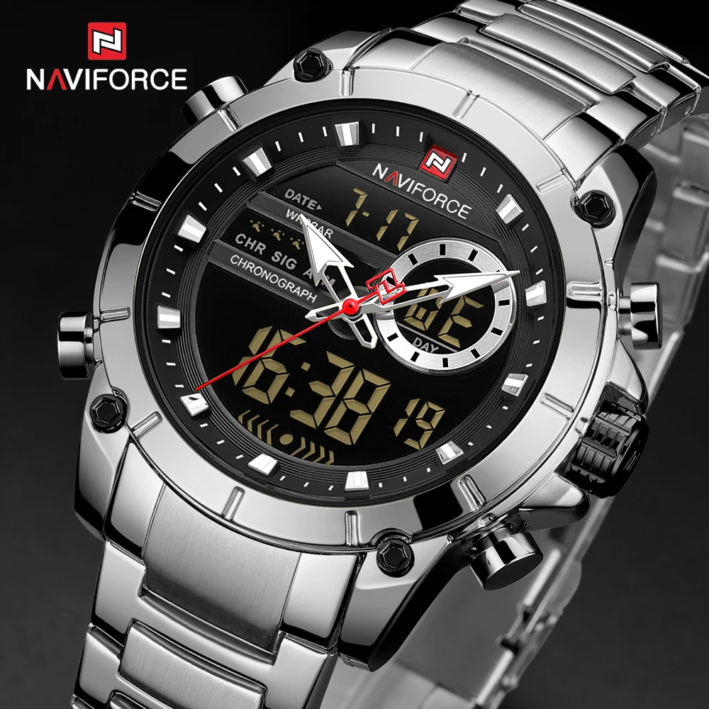 Kaufen NAVIFORCE Silber Edelstahl Männer Armee Militär Dual Display Quarz Led Uhr Männlichen Wasserdichte Uhren relogio masculino 9163